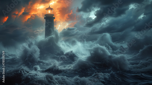 Lighthouse in the middle of a stormy ocean. Large waves and dark clouds with an orange light from the lighthouse. Fantasy art style.