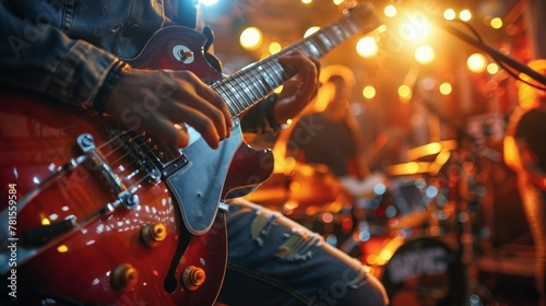 Man Playing Red Guitar in Band