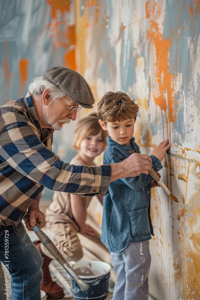 grandchildren helping their grandpa painting a wall