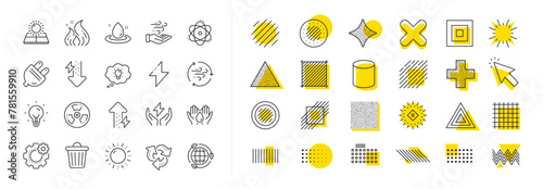 Solar panels, wind energy and electric thunder bolt. Design shape elements. Energy line icons. Fire flame, hazard, green ecology icons. Electric plug, thunderbolt, recycling trash can. Vector