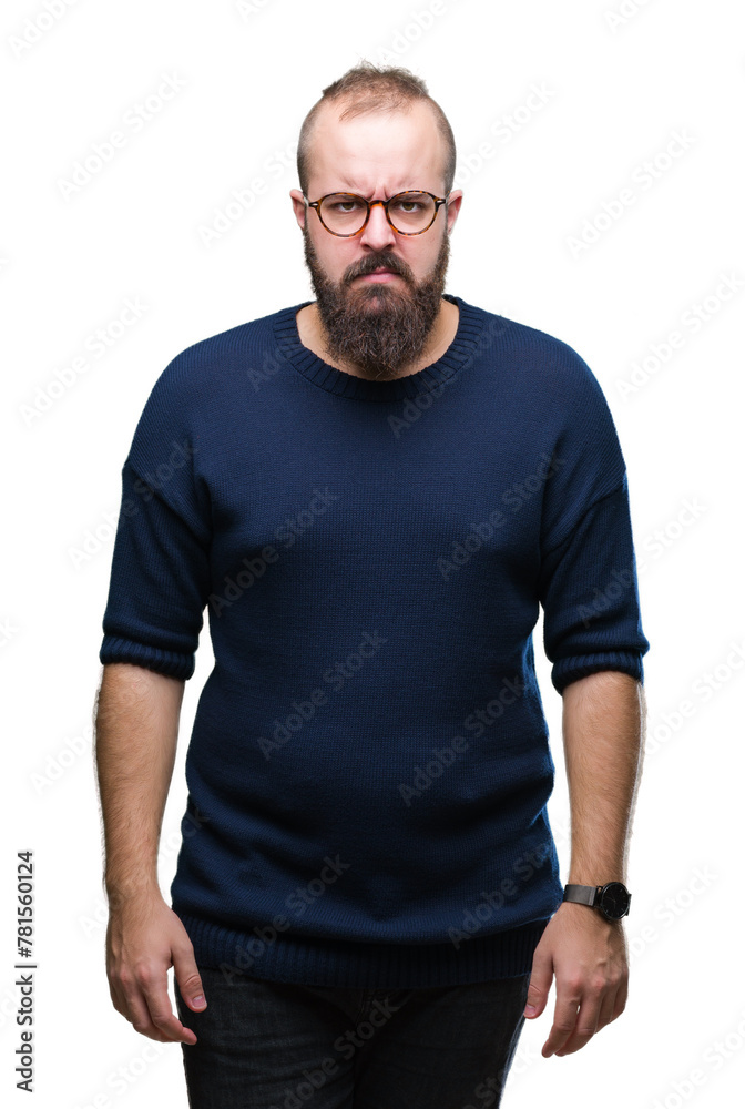 Young caucasian hipster man wearing sunglasses over isolated background skeptic and nervous, frowning upset because of problem. Negative person. Young caucasian hipster man wearing sunglasses over isolated background skeptic and nervous, frowning upset because of problem. Negative person.