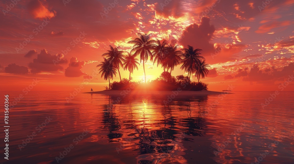 Majestic Sunset With Palm Trees and Island in Ocean