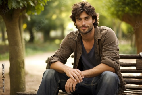 Handsome young man with long brown hair and blue eyes sitting on a park bench