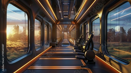 A fitness train car, equipped with AI personal trainers that adapt workouts to the passengers health data and scenery outside