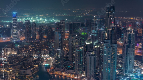 Amazing aerial view of Dubai downtown skyscrapers night timelapse  Dubai  United Arab Emirates