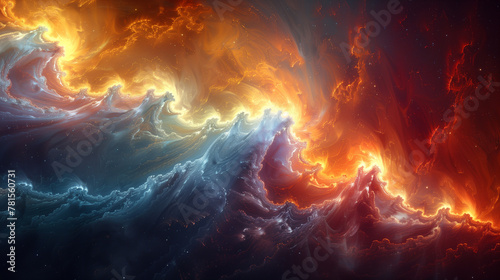 A colorful space scene with a wave of blue and red clouds