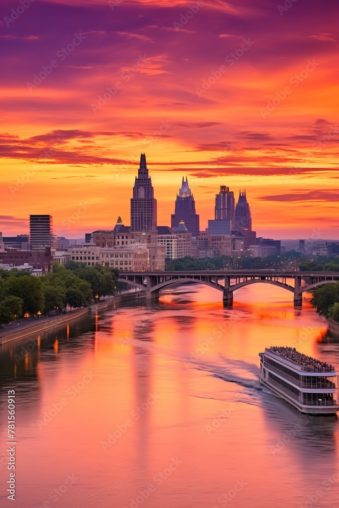 Urban river at sunset with bridge and cityscape