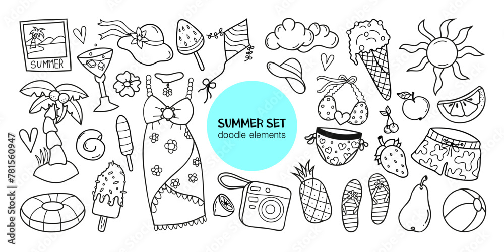 Summer vector set in doodle style with lifebuoy, cocktail, seashell, swimsuit, dress, hat, flower, ice cream, kite, camera, pineapple, cloud, flip flops, strawberry, cherry, pear, apple, sun, shorts 