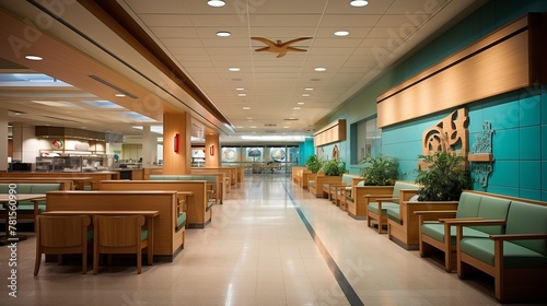 A hospital hallway with a green wall and wooden benches