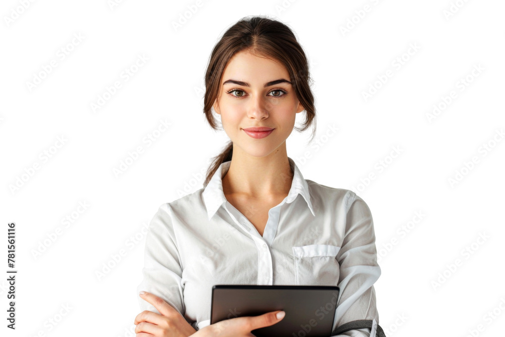 Studio portrait company worker beautiful young Caucasian woman with an attractive smile wearing casual outfits and holding digital tablet, isolated on transparent png background. Studio portrait company worker beautiful young Caucasian woman with an attractive smile wearing casual outfits and holding digital tablet, isolated on transparent png background.