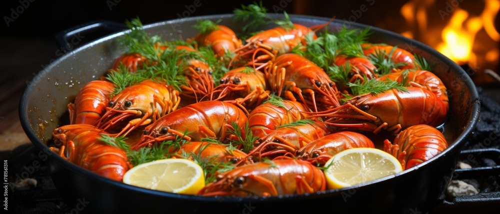 A delicious plate of crayfish with lemon and dill A delicious plate of crayfish with lemon and dill