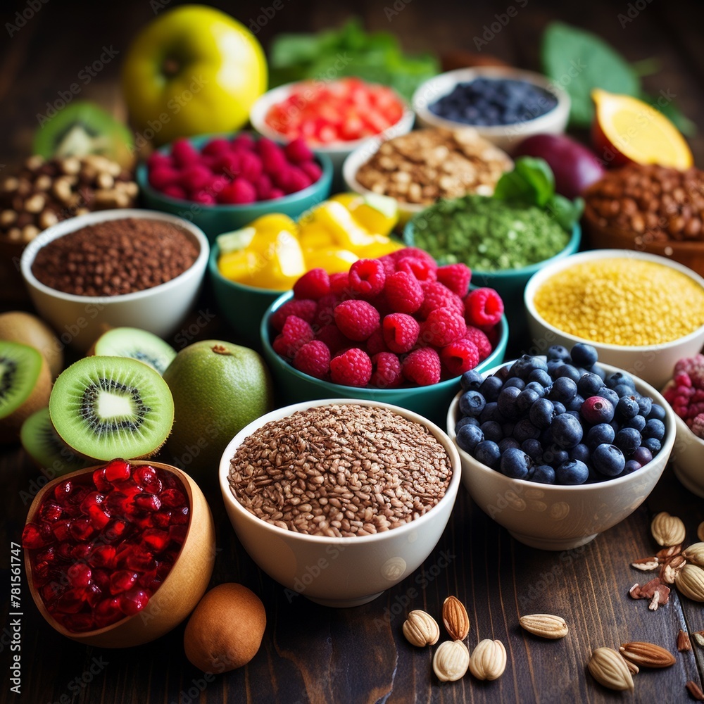 A variety of healthy food including fruits, vegetables, and grains A variety of healthy food including fruits, vegetables, and grains