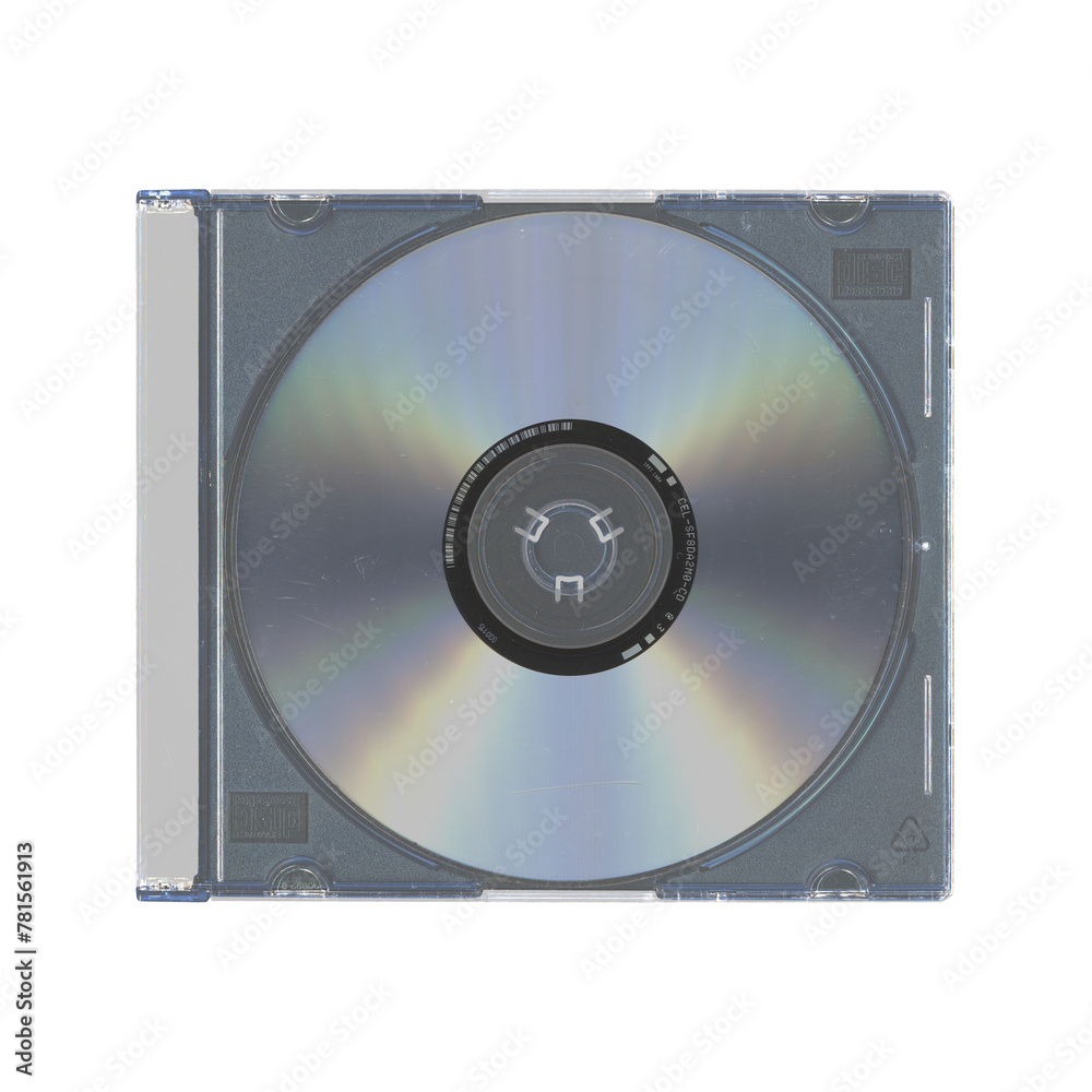isolated old music CD disc jewel case with compact disk and no cover in transparent background