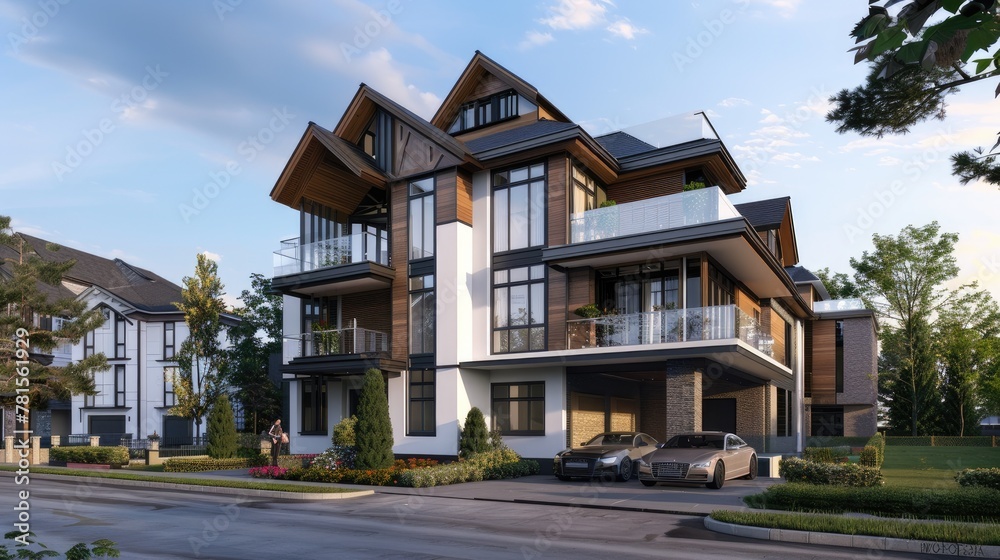 a three-story villa with a modern minimalist design, set against a clear sky, radiating a serene and picturesque ambiance. a three-story villa with a modern minimalist design, set against a clear sky, radiating a serene and picturesque ambiance.