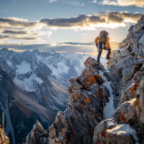 A lone climber ascends a steep mountain peak