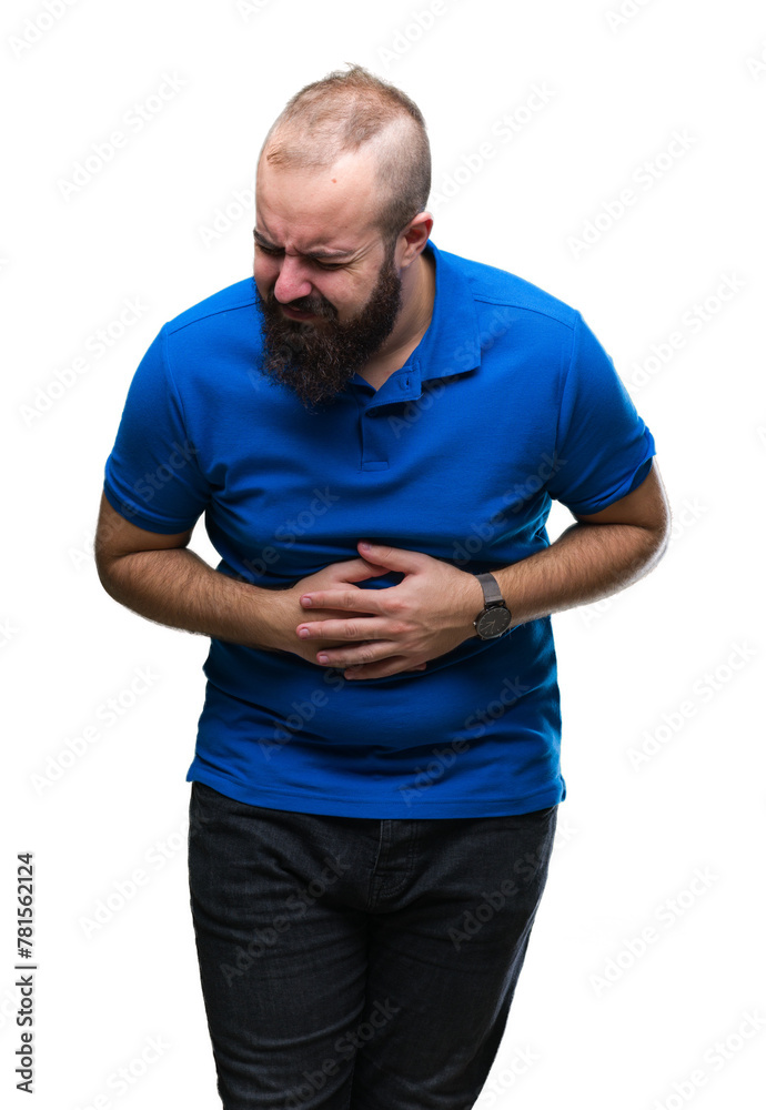 Young caucasian hipster man wearing blue shirt over isolated background with hand on stomach because nausea, painful disease feeling unwell. Ache concept. Young caucasian hipster man wearing blue shirt over isolated background with hand on stomach because nausea, painful disease feeling unwell. Ache concept.