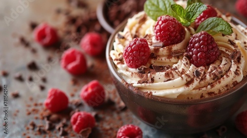Chocolate Dessert With Whipped Cream and Raspberries