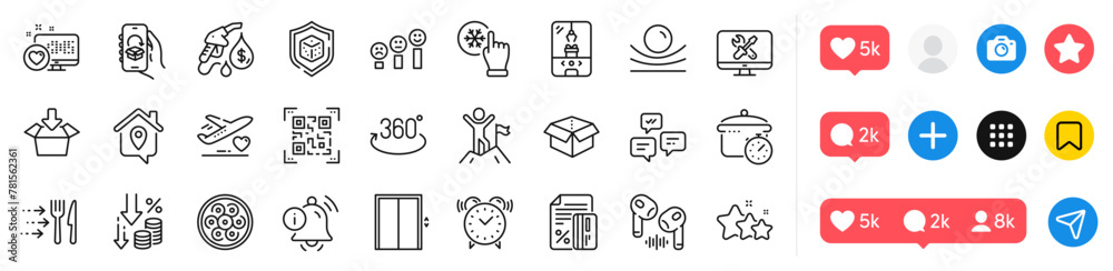 Food delivery, Credit card and Qr code line icons pack. Social media icons. Chat messages, Stars, Information bell web icon. Delivery app, Heart, Open box pictogram. Vector Food delivery, Credit card and Qr code line icons pack. Social media icons. Chat messages, Stars, Information bell web icon. Delivery app, Heart, Open box pictogram. Vector