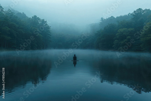 A person is sitting on a raft in a lake photo