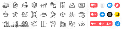 Food delivery, Credit card and Qr code line icons pack. Social media icons. Chat messages, Stars, Information bell web icon. Delivery app, Heart, Open box pictogram. Vector