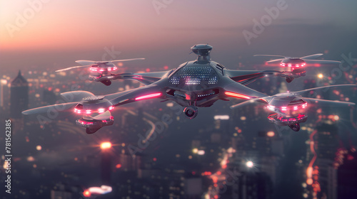 Futuristic NX Drone Deployed Over Urban Landscape at Dusk photo