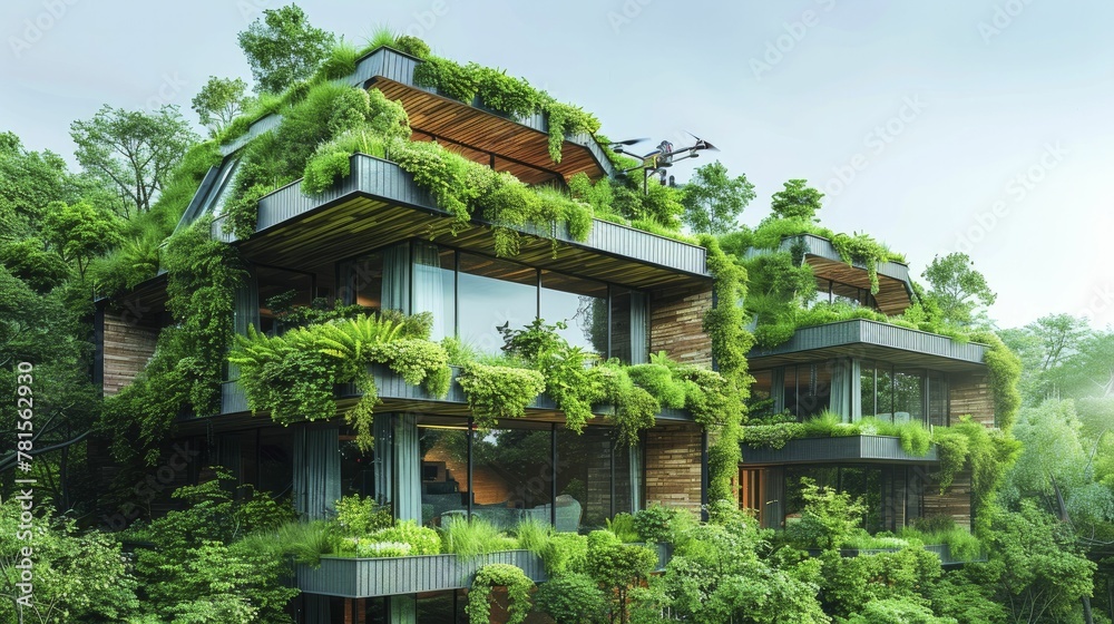 Eco conscious drone delivery networks, minimizing carbon footprint, shown above green rooftops. Eco conscious drone delivery networks, minimizing carbon footprint, shown above green rooftops.