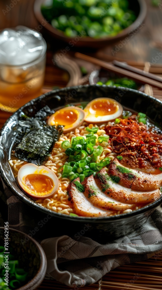 A delicious bowl of ramen with pork, eggs, and vegetables