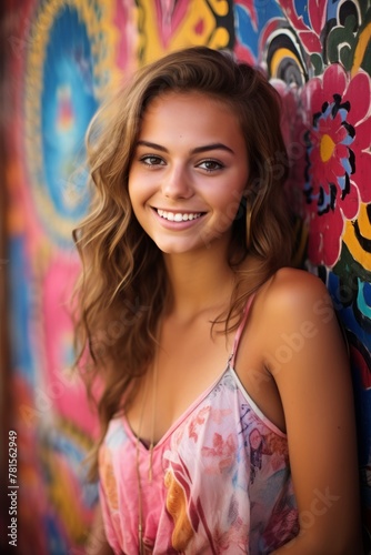Portrait of a smiling young woman in front of a colorful mural