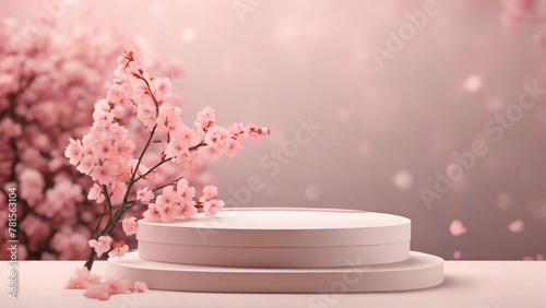 Podium for product presentation with cherry blossom flowers. 3d render