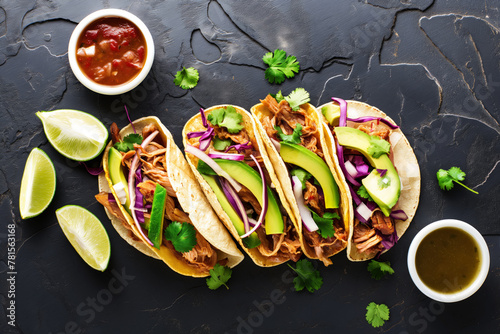 Wallpaper Mural mexican street tacos flat lay composition with pork carnitas, avocado, onion, cilantro, and red cabbage Torontodigital.ca