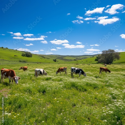 Cows grazing on a lush green pasture on a sunny day with blue sky and white clouds