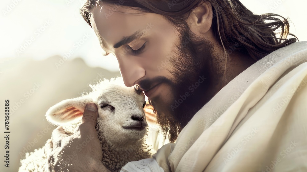 Jesus holding a little lamb in a photorealistic depiction against a white background. Jesus holding a little lamb in a photorealistic depiction against a white background.