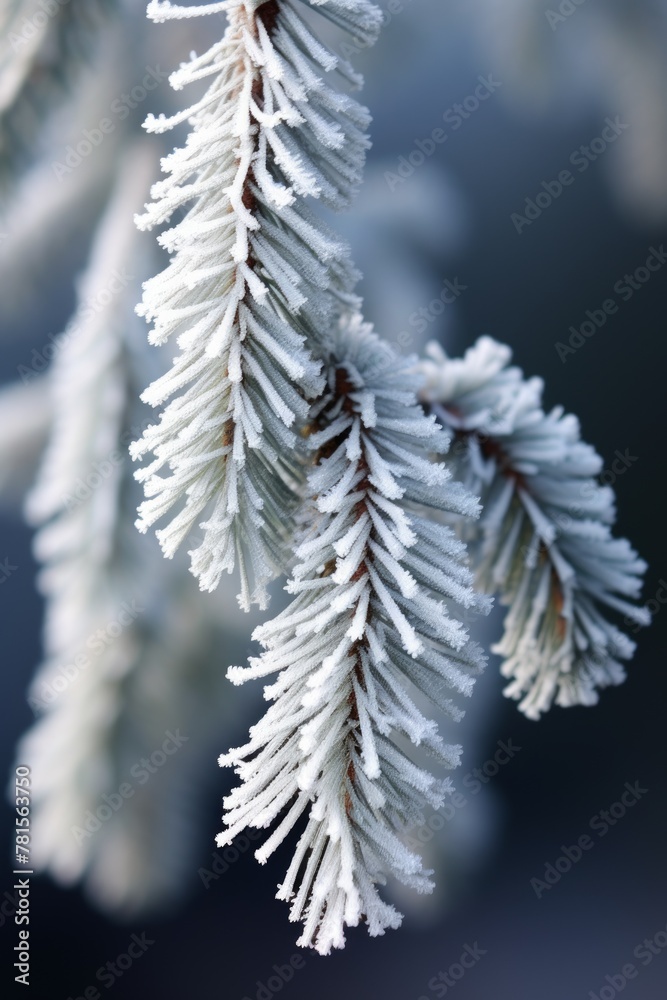 Close-up of a snow-covered fir branch against a blurred background