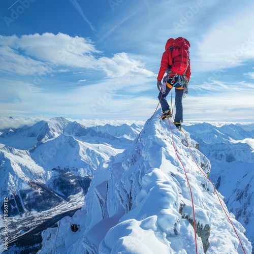 A lone mountaineer reaches the summit of a snow-capped mountain.
