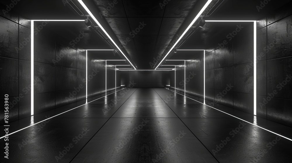 Abstract dark interior of modern tunnel background, empty interior with lines of led light. Concept of futuristic hallway, warehouse, showroom