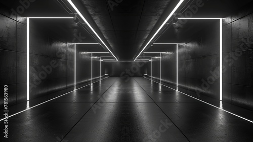 Abstract dark interior of modern tunnel background, empty interior with lines of led light. Concept of futuristic hallway, warehouse, showroom © Mas