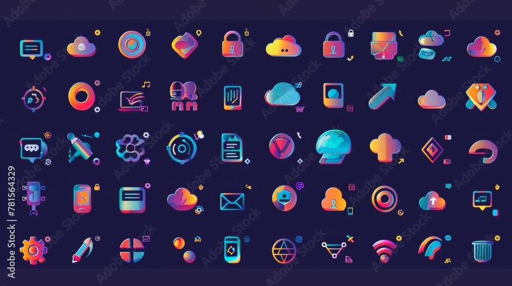 A comprehensive collection of icons representing various aspects of information technology and cloud computing, from cybersecurity to data analytics - obrazy, fototapety, plakaty 