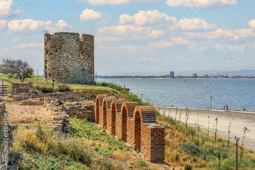 Nessebar, Bulgaria. Ancient ruined fortifications and watch tower in the old town.