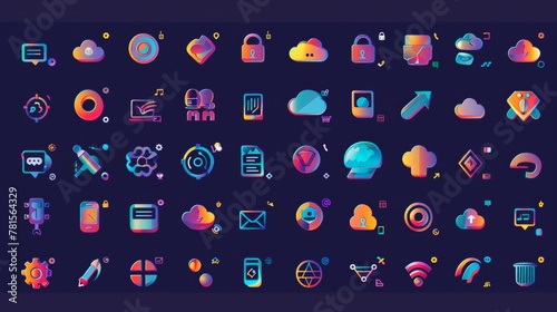 A comprehensive collection of icons representing various aspects of information technology and cloud computing, from cybersecurity to data analytics