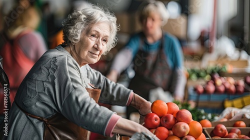 senior woman volunteering  at a local charity, market stand