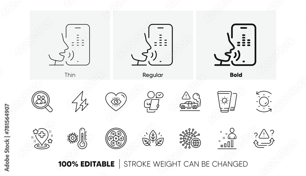 Voicemail, Sunscreen and Stats line icons. Pack of Customer survey, Exhaust, Electricity icon. Cable section, Search employees, Coronavirus pictogram. Meditation eye, Hospital, Attention. Vector Voicemail, Sunscreen and Stats line icons. Pack of Customer survey, Exhaust, Electricity icon. Cable section, Search employees, Coronavirus pictogram. Meditation eye, Hospital, Attention. Vector