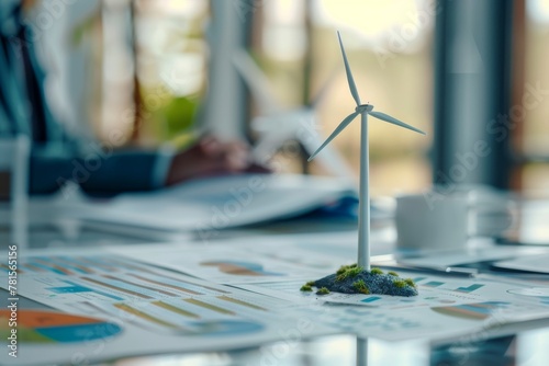 A small wind turbine model is placed over business reports, symbolizing renewable energy investments photo