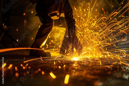 Welder is intensely focusing on his task surrounded by a shower of bright sparks in a low light work area © ChaoticMind
