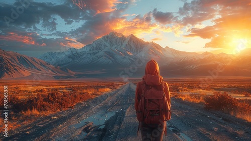 A backpacker is standing with beautiful misty mountain in the morning sunrise. photo