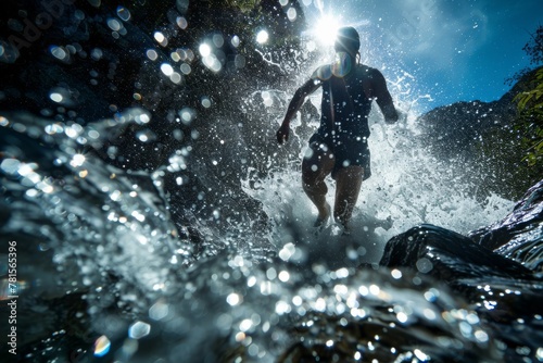 An adventurous runner bursts through a refreshing stream with water droplets captured in stunning clarity
