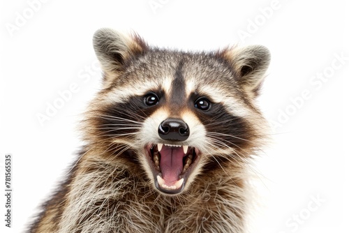 Close-up of an expressive raccoon bearing its teeth, isolated on a pure white background for emphasis