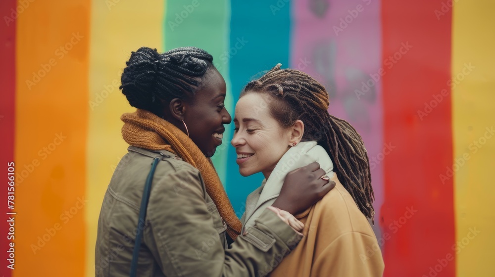 Obraz premium Two women embracing with rainbow background, multicultural couple, affectionate moment, colorful love concept