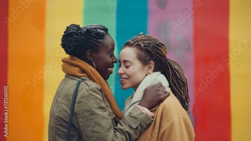 Two women embracing with rainbow background, multicultural couple, affectionate moment, colorful love concept © BrightWhite