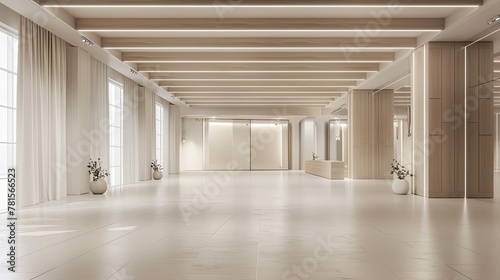 a large gym with small windows, featuring royal beige with white tones, a white floor and ceiling, modern interior, minimalistic design, and prominent doors.