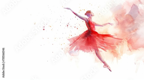 Delicate pose of a ballet dancer illustrated in soft watercolor tones and splashes